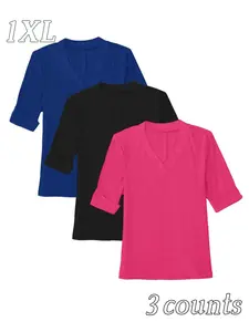 【Plus Size】 Solid V Neck Roll Up Sleeve Tee, Casual Half Sleeve T-shirt for Summer, Women's Plus Clothing for Daily Wear