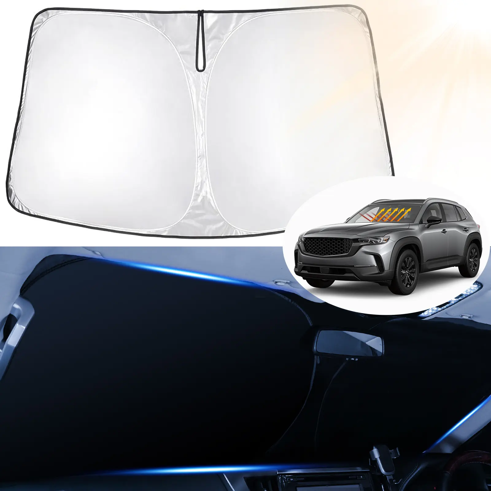 Canvcle Front Windshield Sunshade for Mazda CX-50 2023-2026, Custom-Fit Double-Thickness UV Protective Car Protection Cover, Detachable Reflective Rollable Sun Protection Front Window Accessory, Detachable Sun Protection Front Window
