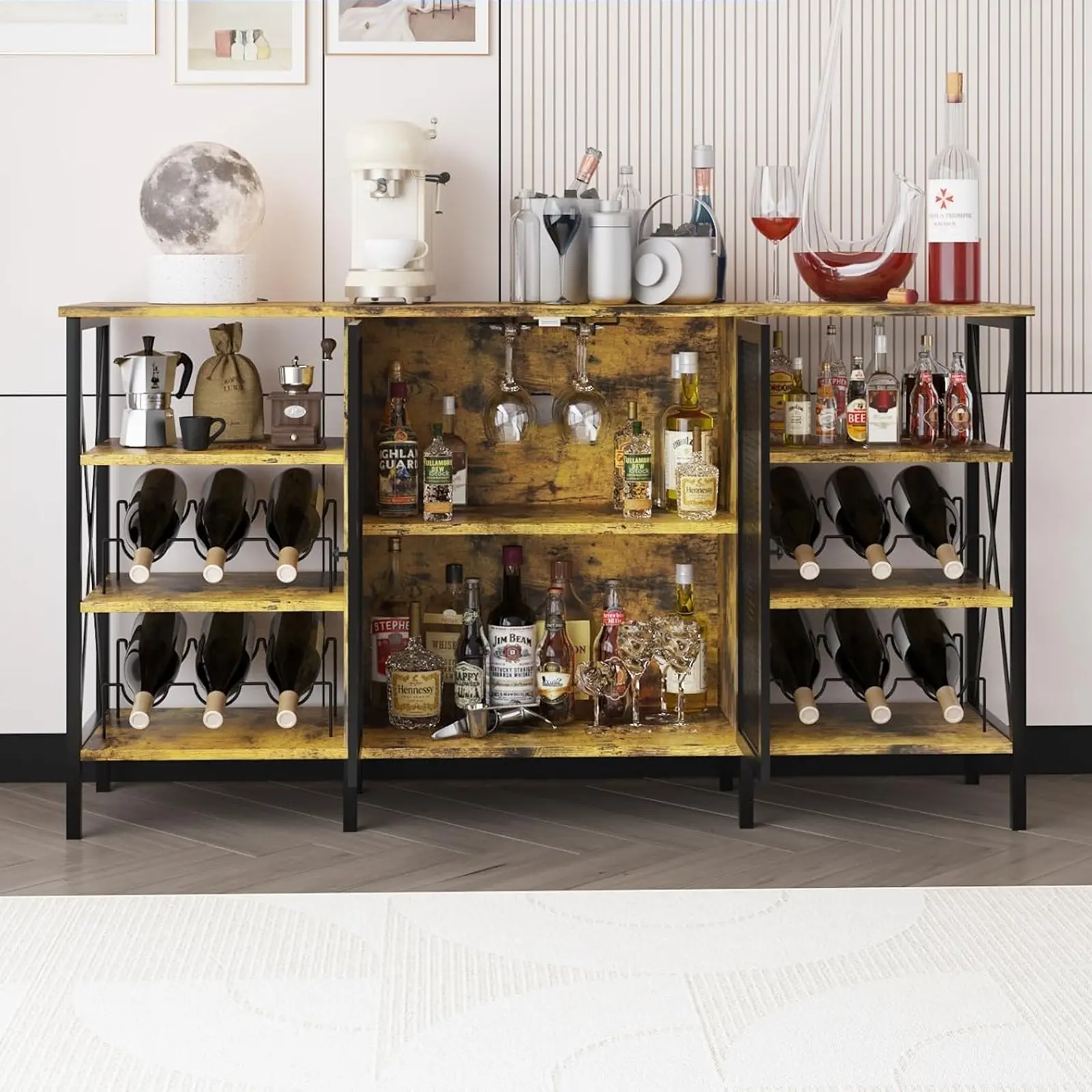 55 Inch Rustic Industrial Bar Cabinet - with LED Light, Adjustable Shelves, Mesh Doors, Wine Rack & Glass Holder - Metal Sideboard Buffet for Living Room, Dining Room, Coffee Bar