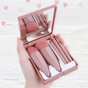 Portable Makeup Brush Set with Mirror Case, 5pcs Mini Brushes for Foundation, Powder, Concealers, Blush, Travel & Home Use, Cosmetic Brush Set