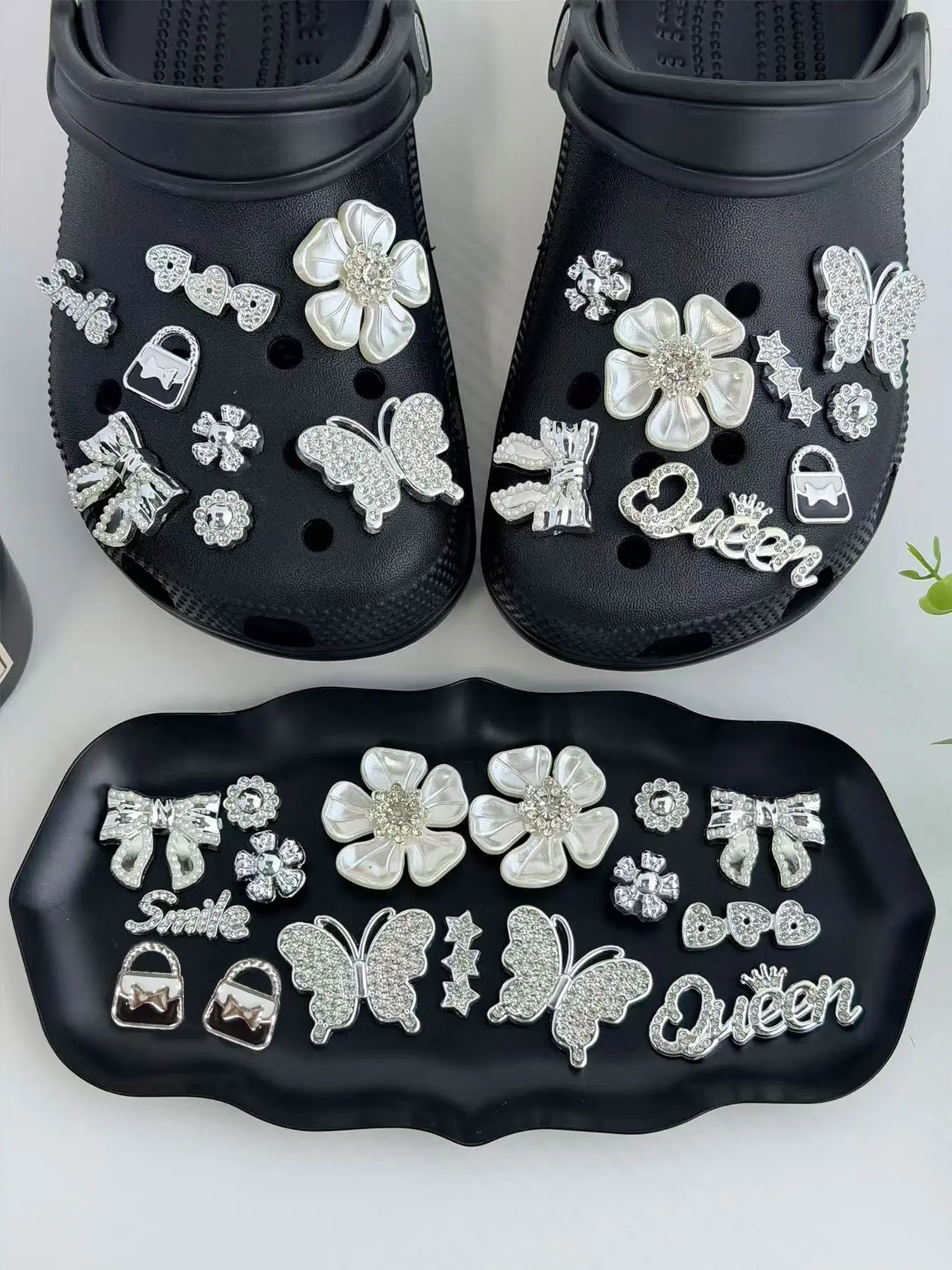 16-Piece Elegant Silver Color Rhinestone Shoe Clips Set, Butterfly Flower & Queen Decorations, Trendy Hole Shoes Accessories, Bling Shoe Charms, Shoe Embellishment Set