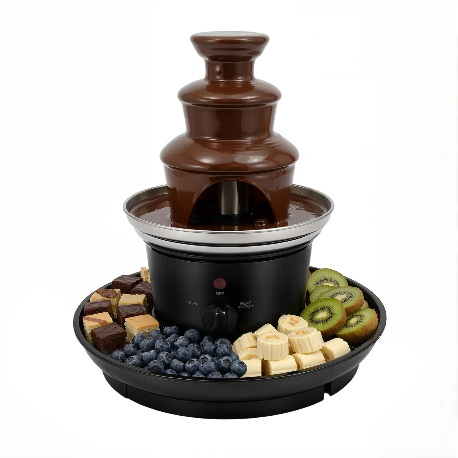 Stainless Steel 3-Tier Electric Chocolate Fondue Fountain, 1 lbs Capacity, with Fruit Plate and Serving Plate for Birthday Party, Wedding Celebration, With Plate Father Son High School Graduation Gift