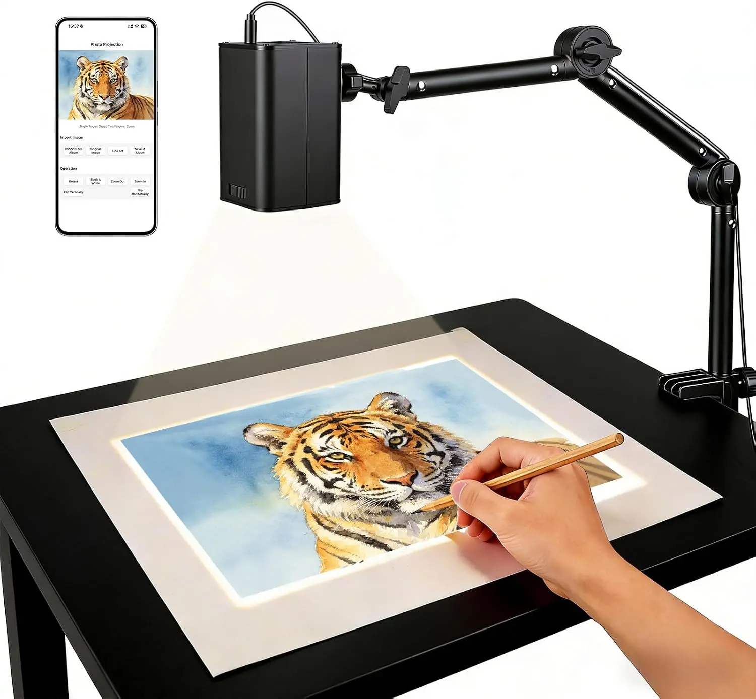 Art Tracing Projector with 360° Adjustable Mechanical Arm - Wireless USB-C Tabletop Tool, Angle Locking 5G Digital Device with Dual WiFi, Local & Remote Android Connection, Button-Controlled Scale/Rotate via Web for Beginners, Home DIY Painting Supplies