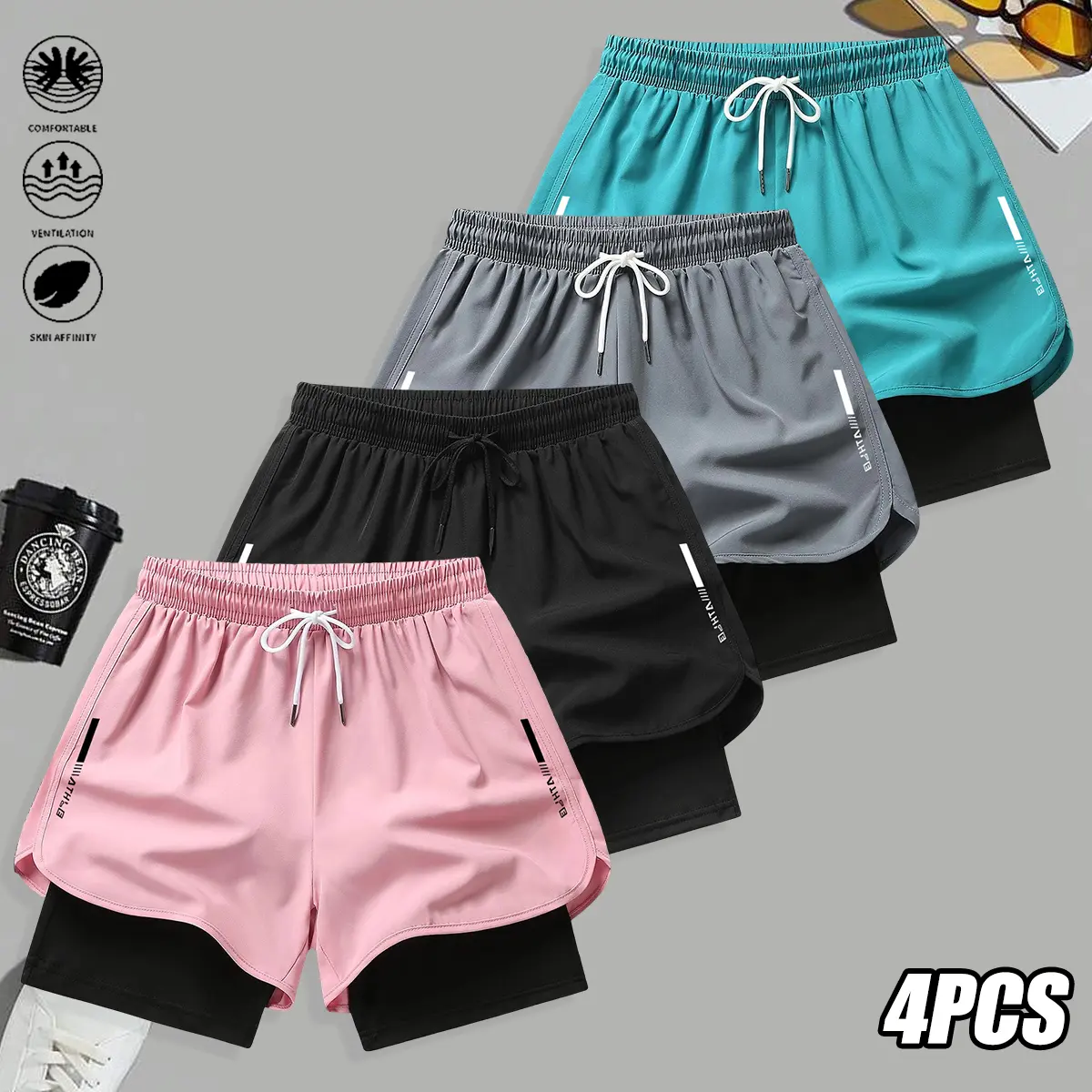 Pack of 4 women’s casual shorts with a faux two-piece design, solid color; suitable for yoga, fitness, and running. Summer clothing, women’s summer wear, gift. women butterfly