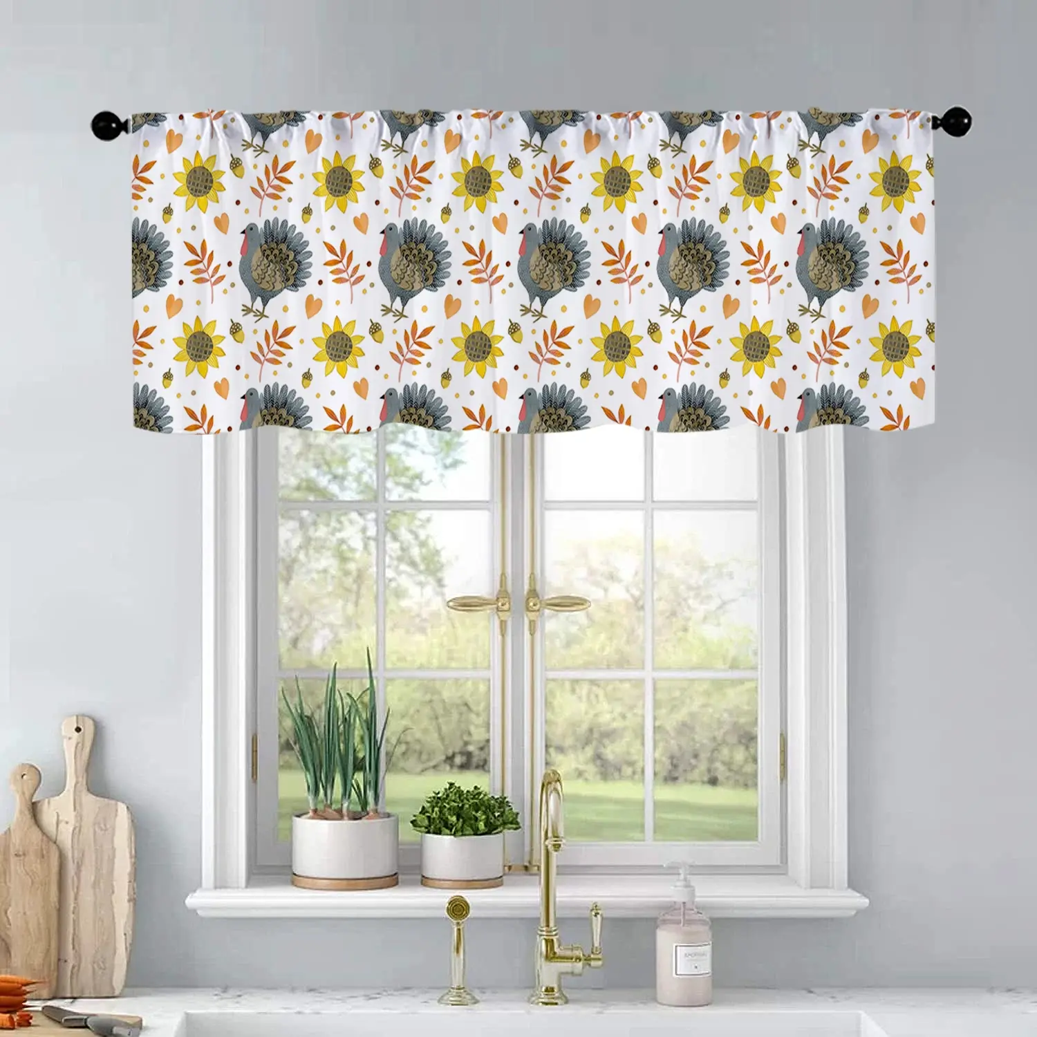 1 Pc Turkey, Sunflower, Maple Leaf, Autumn, Thanksgiving, Watercolor Printing, Kitchen Curtains, Short Curtains, Pole Design, Living Room, Bedroom, Bathroom, Home Decor 54 x 18 Inch