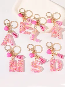 1pc Pink Heart Tassel Resin Keychain with Alphabet Charm, A-Z Letter Key Ring, Lobster Clasp, Cute Charms Keychain, Decorative Ladies Keychain for Bags, for Birthday Festival Gift