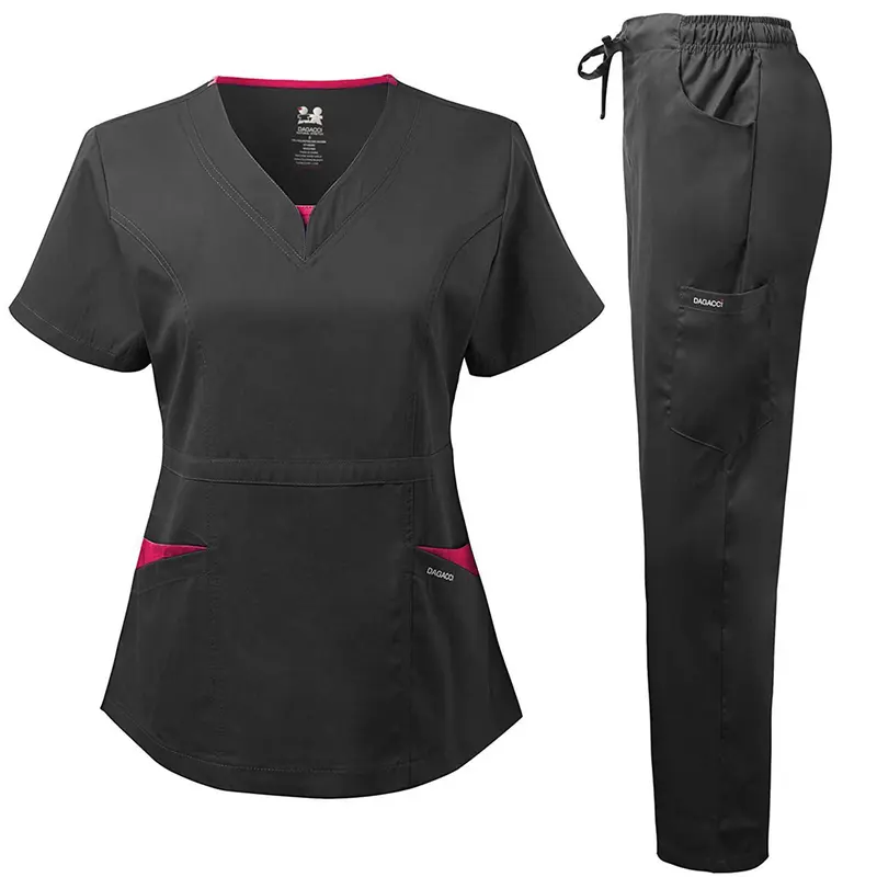 DAGACCI OFFICIAL Natural Stretch Women's V-Neck Contrast Pocket Scrub Sets [NS2251]