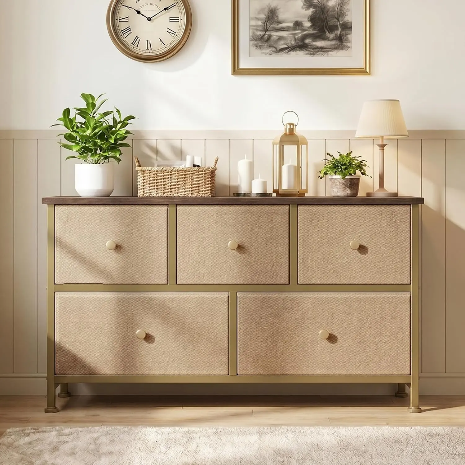 Wide Dresser for Bedroom, 5 Drawer Chest of Drawers | 5 Roomy Fabric Drawers, Wide Storage Design, Suitable for Bedroom & Closet, Sturdy Steel Frame, Smooth Wood Tabletop