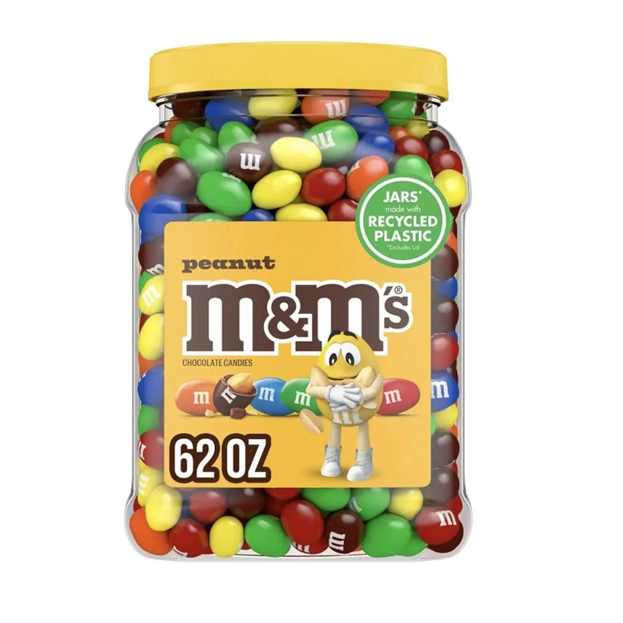 M&M's Peanut Chocolate Candies 62 oz Jar Made with Recycled Plastic Perfect for Snacking and Sharing