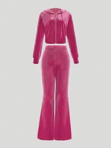 Women's Velvet Rhinestone - Letter Hooded Crop Top & Flared Pants Set