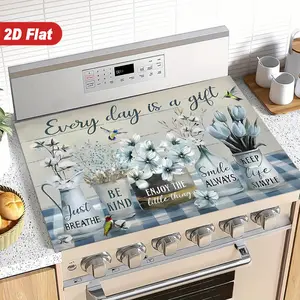 1pc 2D Flat Single Stove Cover Protective Pad Featuring Floral Designs And Uplifting Phrases Such As 'Every Day Is a Gift, ' 'Just Breathe, ' And 'Enjoy The Little Things.' It Showcases Vases Filled with Delicate Flowers And Colorful Birds