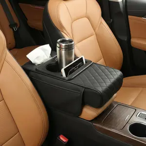 5-in-1 Car Armrest Cushion: Thickened Memory Foam Heightening Pad with Cup Holder, Phone Mount, Side Storage Pockets & Tissue Box Slot – Universal PU Leather Organizer for Vehicle Interior