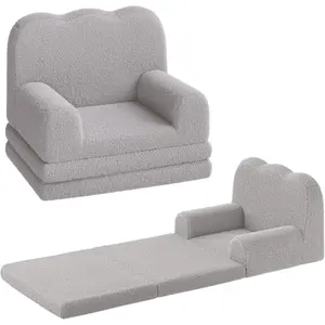2-in-1 Convertible Kids Couch, Teddy Fleece Toddler Sofa Chair, Soft Fold Out Lounger & Children's Sofa Bed for Playroom Nursery, Grey Birthday Gift