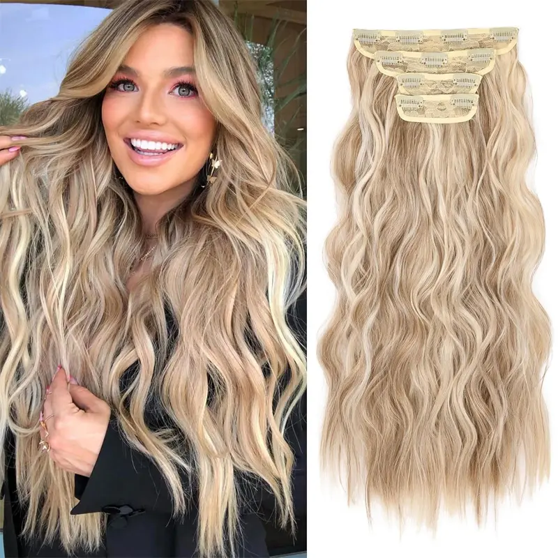 Clip in Hair Extensions Clip in Long Wavy Synthetic Hair Extension 22 Inch Blonde 4PCS Thick Hairpieces Fiber Double Weft Hair for Women