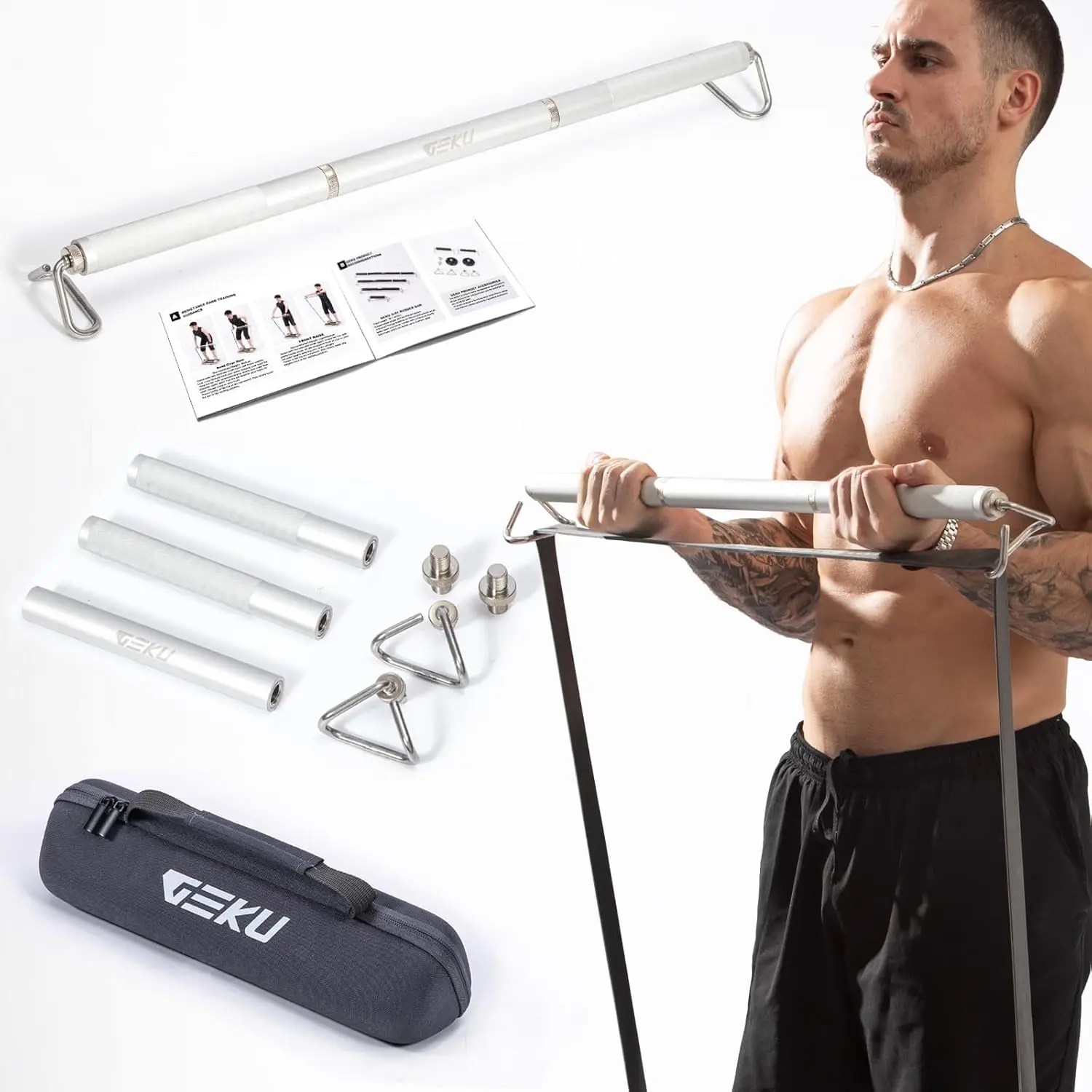 GEKU FIT Aluminum Resistance Band Bar - 3-Section Detachable Heavy-Duty Adjustable Metal Grip Bar, Enlarged Metal Hooks, Compatible with Fitness Training Bands, Includes Hook & Carrying Bag for Home Gym Strength Training