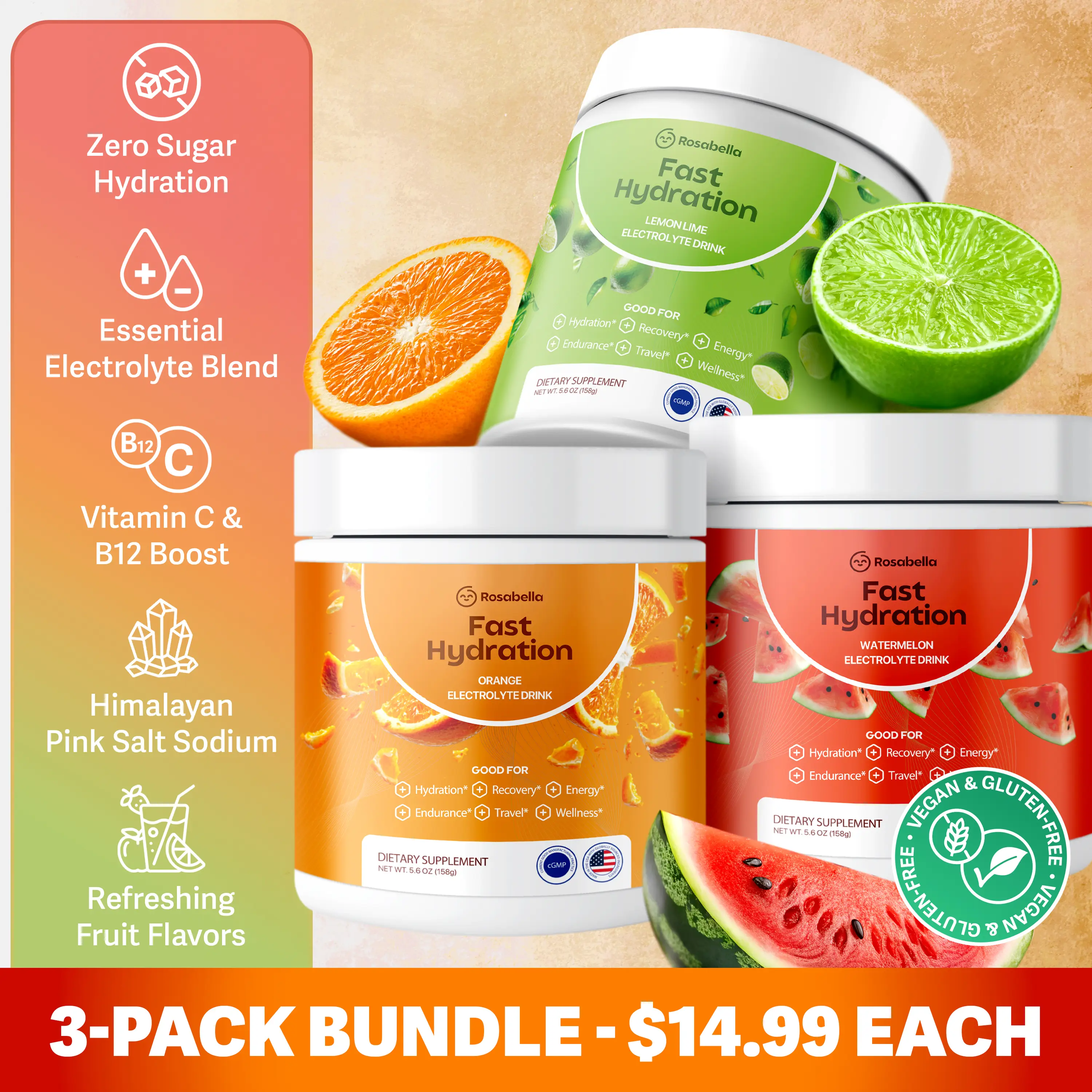 Rosabella Electrolytes 3-Pack For Fast Hydration, Fast Recovery, Electrolyte Imb...