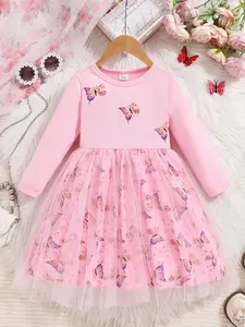 Toddler Girl's Butterfly Print Contrast Mesh Ruffle Layered Sleeve Dress, Cute Long Sleeve Round Neck A Line Dress for Party Holiday Wedding Guest, Kids Spring & Fall Clothes