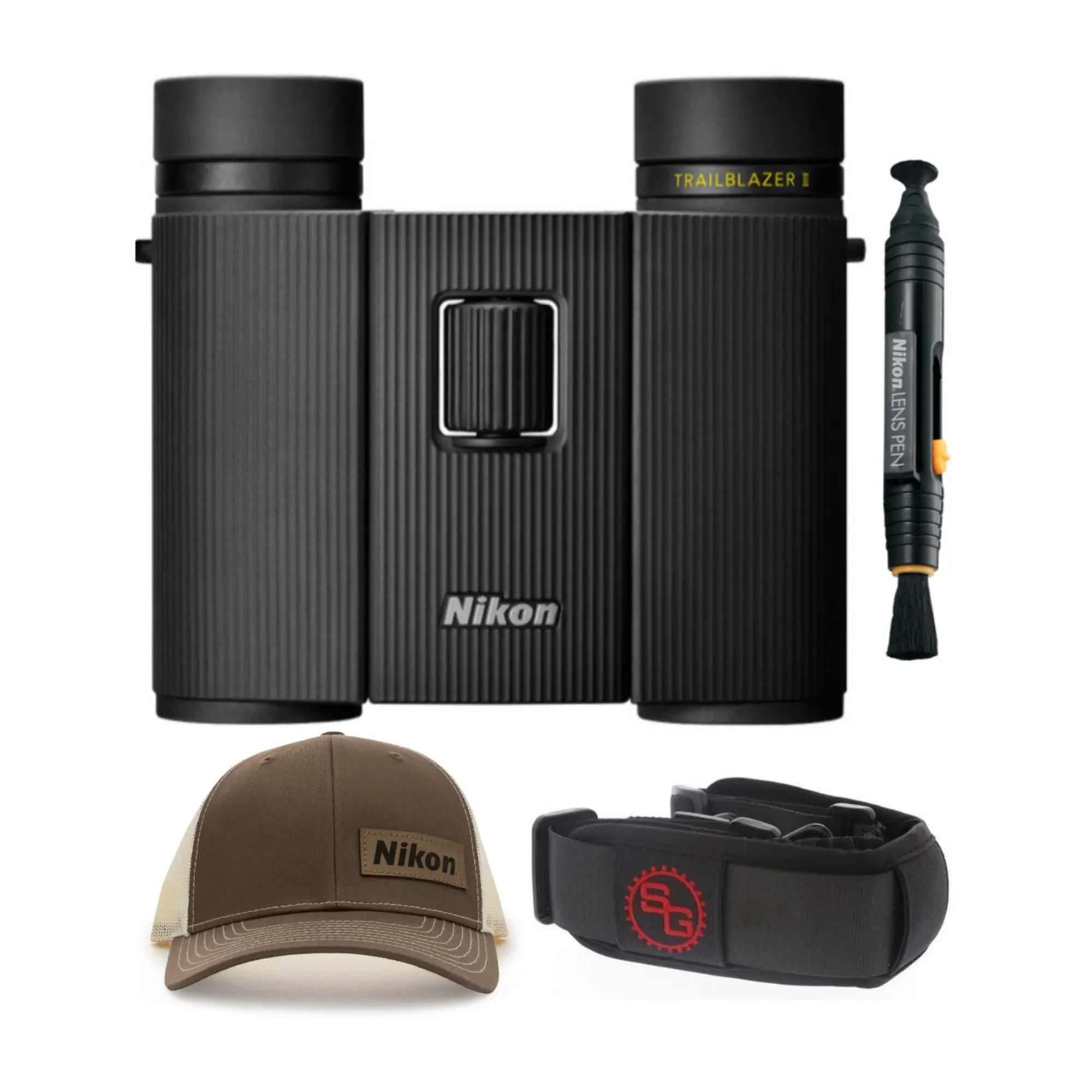 Nikon Trailblazer II 10x25 Compact, Lightweight, Foldable Black Binoculars with 25mm Aluminium Lens, Hiking Accessory Bundle, Waterproof, Fogproof View, Portable, Camera Strap, Retractable Brush