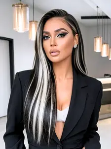28" Black & White Skunk Stripe Lace Front Wig Straight Synthetic Hair with Money Piece Highlights 13x4 HD Transparent Lace Pre-Plucked Hairline Heat-Resistant Soft Glam Wig for Daily & Party Wear