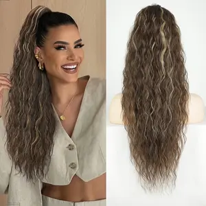 Eerya Brown Mixed Blonde Drawstring Ponytail Extension 24Inch Synthetic Long Curly Wavy Hair for Women Natural Look Daily Use Party