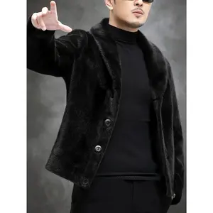 Thick Men's Luxurious Reversible Faux Fur and Faux Leather Jacket- Solid Color and Lapel Collar Jacket, Long Sleeve, Button Closure, Excellent Softness, Adult Unisex/  & Outdoor Activities, New Year & Holiday Occasions- for Fall/Winter Comfort coat