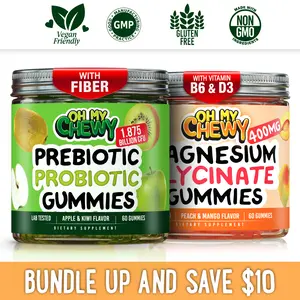 OH MY CHEWY Magnesium Glycinate + Prebiotic, Probiotic and Fiber Gummies Bundle – 2 Bottles (60 Each) – Peach Mango & Apple Kiwi Healthy Snacks outdoorfun
