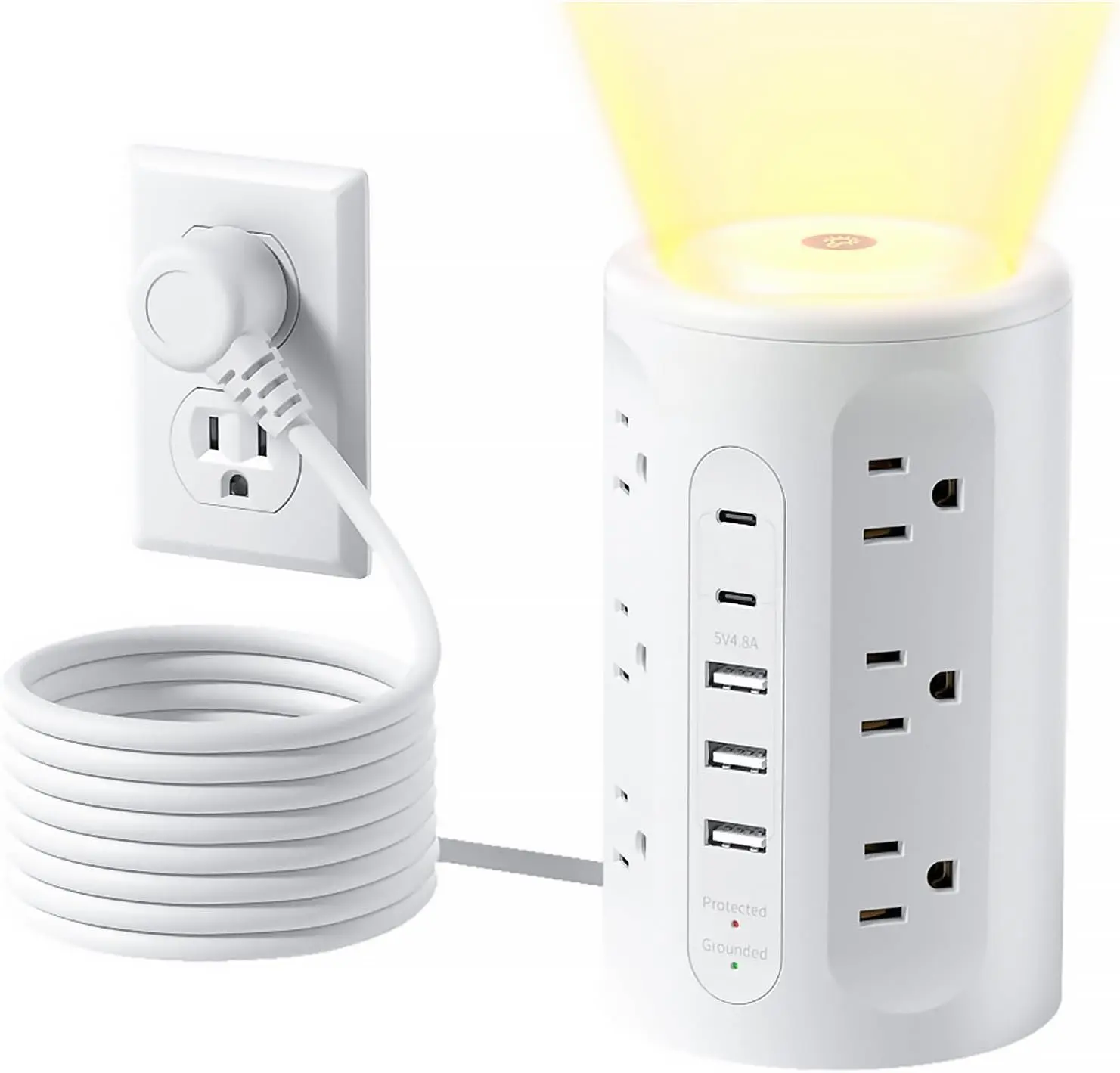 Power Strip Tower with Night Light, 15W Surge Protector Power Strip with USB Ports, 10 FT Extension Cord with Multiple Outlets (12AC+3A+2C) for Home Office Desk DormRoom (White)