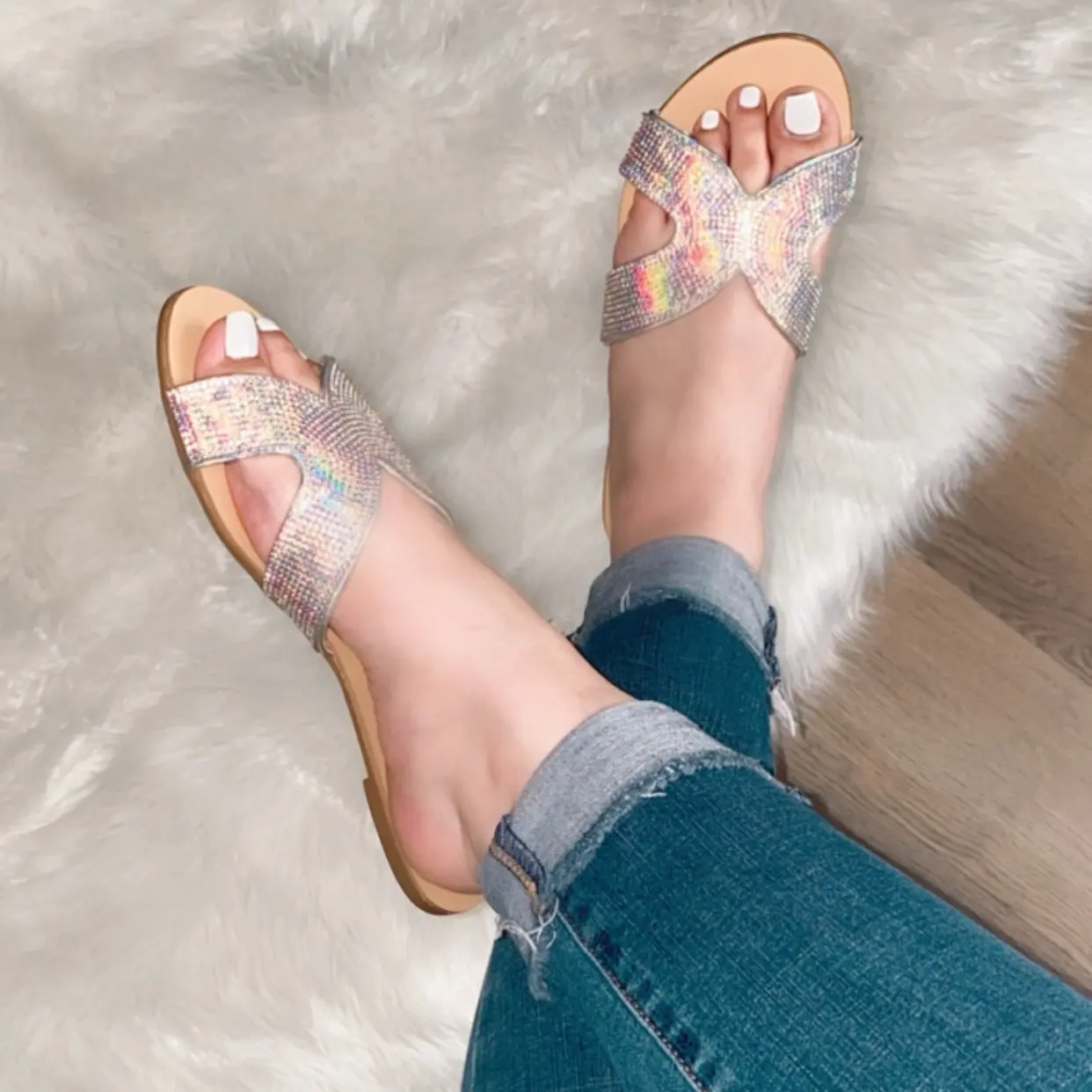 Silver iridescent sandals with rhinestones