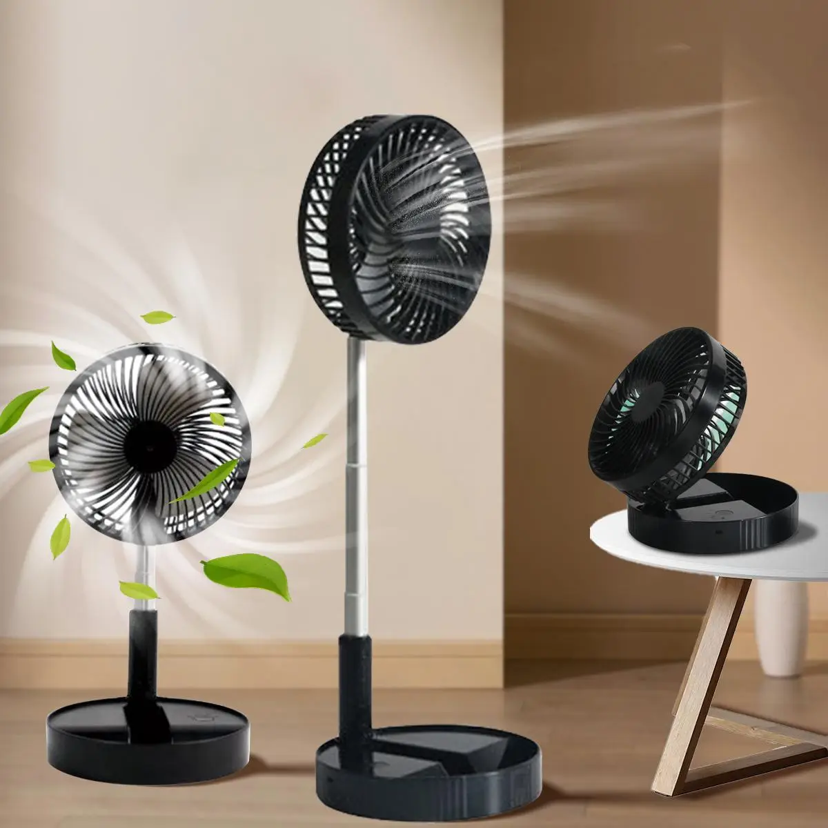 Portable Foldable USB Rechargeable Fan, Quiet Desk & Floor Fan with 4 Speeds, 5 Adjustable Heights, Compact for Office, Travel, Camping, Indoor & Outd
