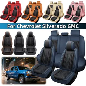 For Truck Chevy Chevrolet Silverado GMC Sierra Pickup 2007-2025 1500 2500HD 3500HD Car Seat Covers with Storage Bag, Premium Napa PU Leather Full Set Front Rear Cushion Full Surround Design, Breathable Non-Slip Waterproof 4-Season Usable Protector Pad Mat
