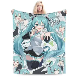 Hatsune Miku Anime Flannel Blanket Vocaloid Virtual Singer Soft Warm Throw For Gamer Room Decor Dorm Essential Bed Sofa Home Travel Christmas Gift
