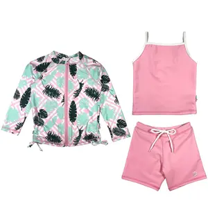 Girls Long Sleeve Rash Guard + Tankini Shorts Set (3 Piece) | "Palm Breeze"