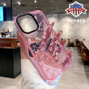 Phone case for iPhone 16 Pro Max 15 Plus 14 13 12 11 Pink Bow Delight Non-Yellowing Shockproof Soft Silicone Transparent Cover