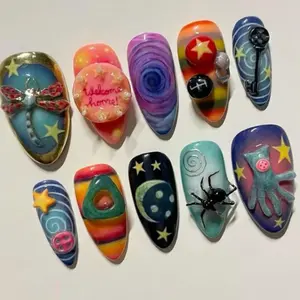 S22 Katy Nails - Cosmic Oddity Press-On Nails, 3D Space Adventure Design, Whimsical Dragonfly, Stars & Spider Art, Handmade Custom Nail Art, Retro Fantasy Vibes, Gifts for Her