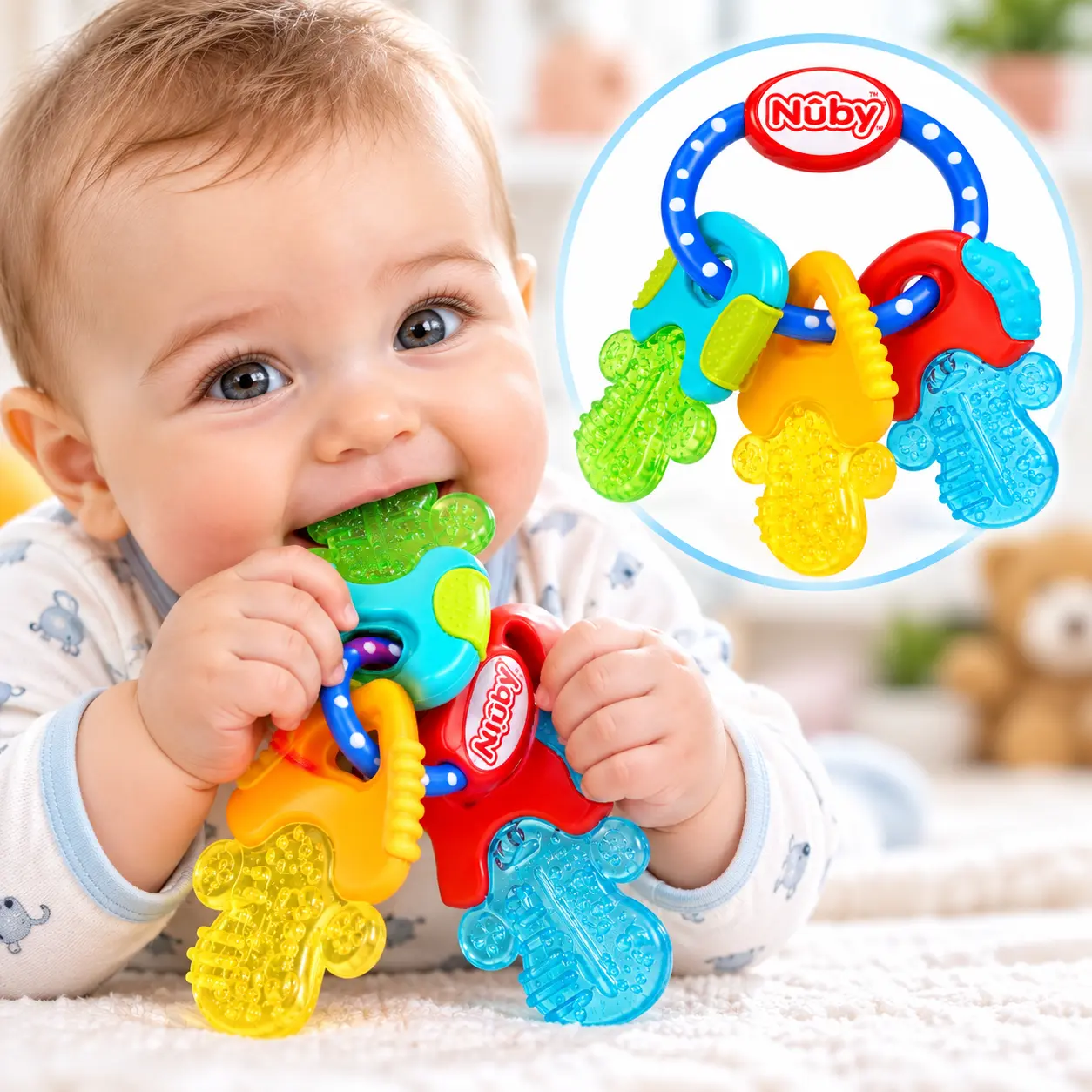 Ice Gel Teether Keys - Silicone Soothing Baby Teether Toys for Infants - Gentle for Sore Gums Colorful and Fun Toys - Safe and Durable Infant Baby Teething Toy - Blue, Pink