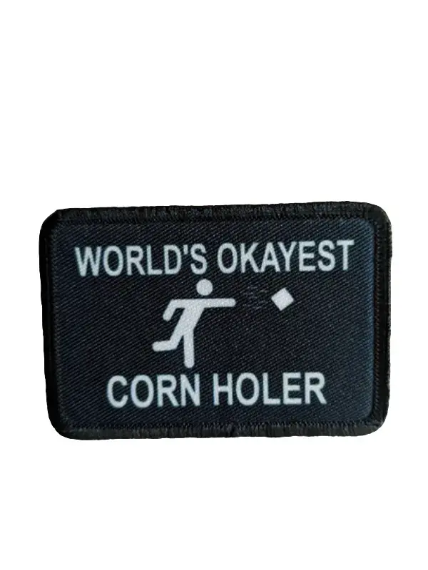 World's Okayest corn hole player funny meme 2"x3" morale patch with hook and loop backing