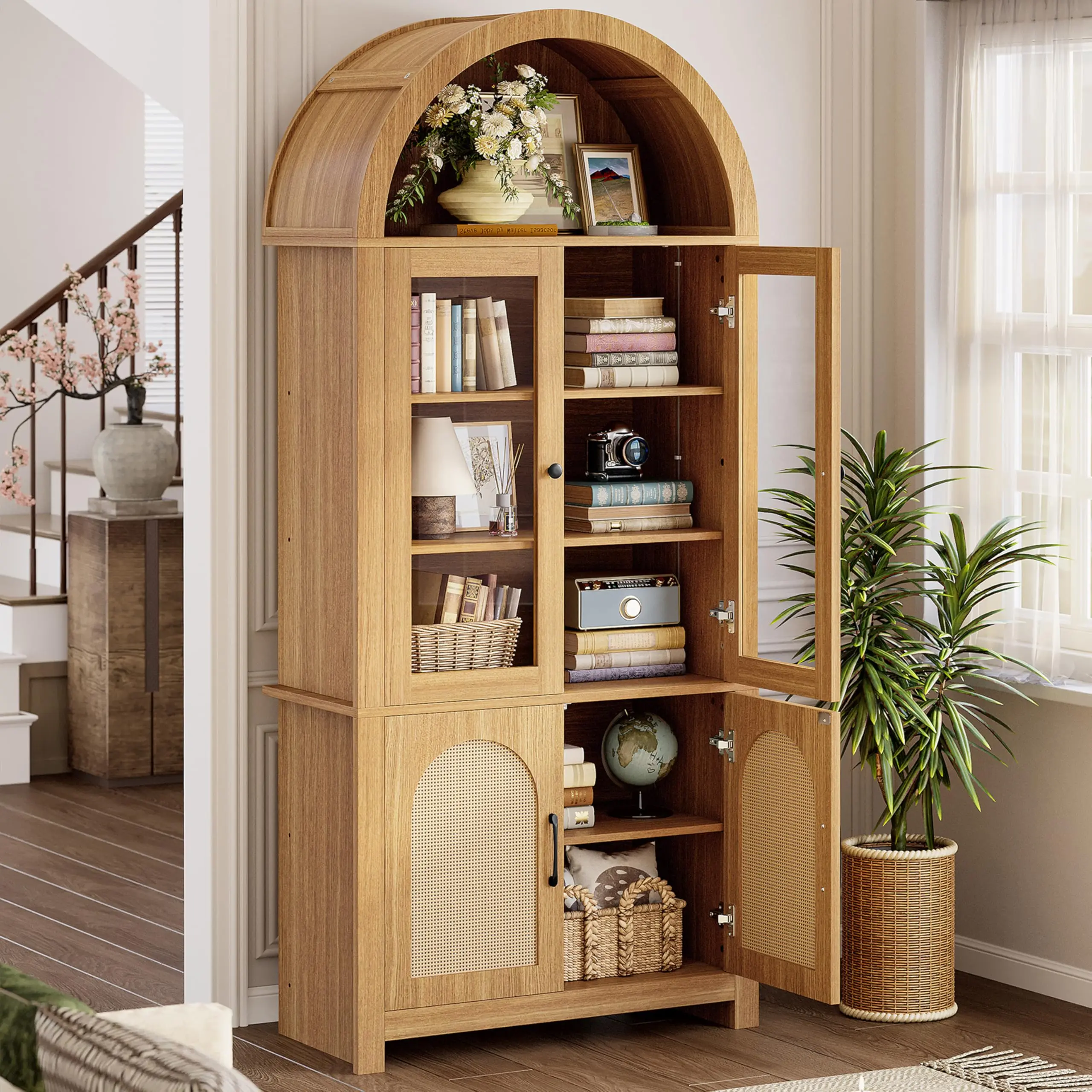 IRONCK 75" Tall Arched 6-Tier Rustic Bookshelf - Living Room Furniture with Tempered Glass Door, Rattan Accents, LED Lights, Anti-Tip Kit, Home Organization Storage Cabinet for Office