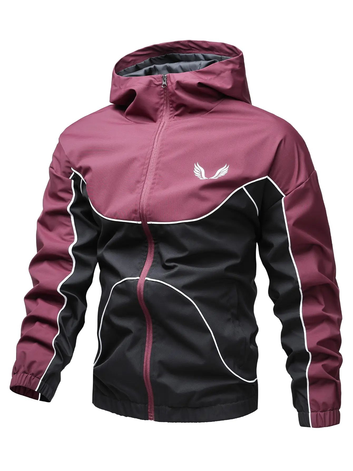 Fashionable men’s sports jacket with two-tone color blocking and a hood featuring an wing-shaped graphic print; adjustable drawstring hood and zip closure; lightweight polyester fabric.