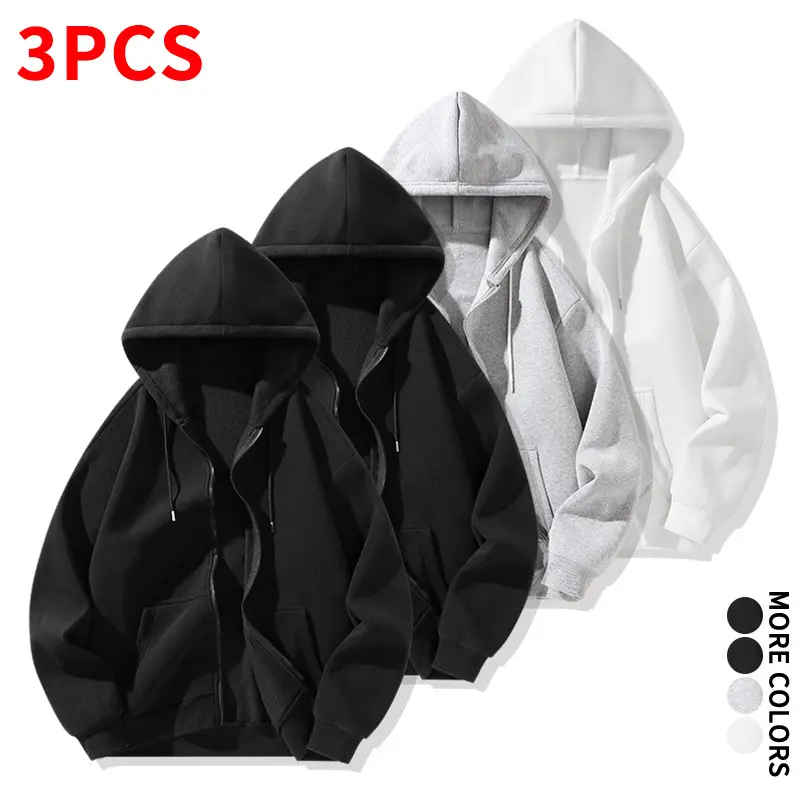 Unisex loose solid-color zip-up hoodies, 3 pieces, multiple colorways for cold/warm weather, suitable for dorms, home, and going out, can replace cardigans.