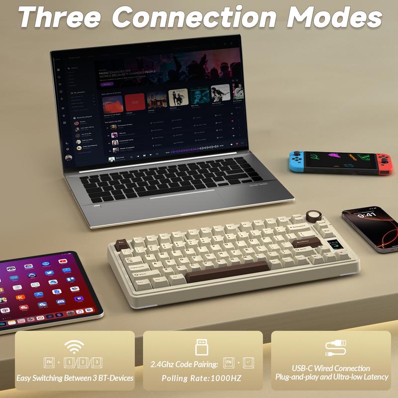 AULA S75 Pro 75% Wireless Mechanical Gaming Keyboard Tri-Mode Connection(Bluetooth/2.4G/Wired) Hot-Swappable Custom LCD Screen & Multifunction Knob RGB Backlight Long Battery Life (Cream Latte) PC Gaming Accessories Computer Creamy keyboards