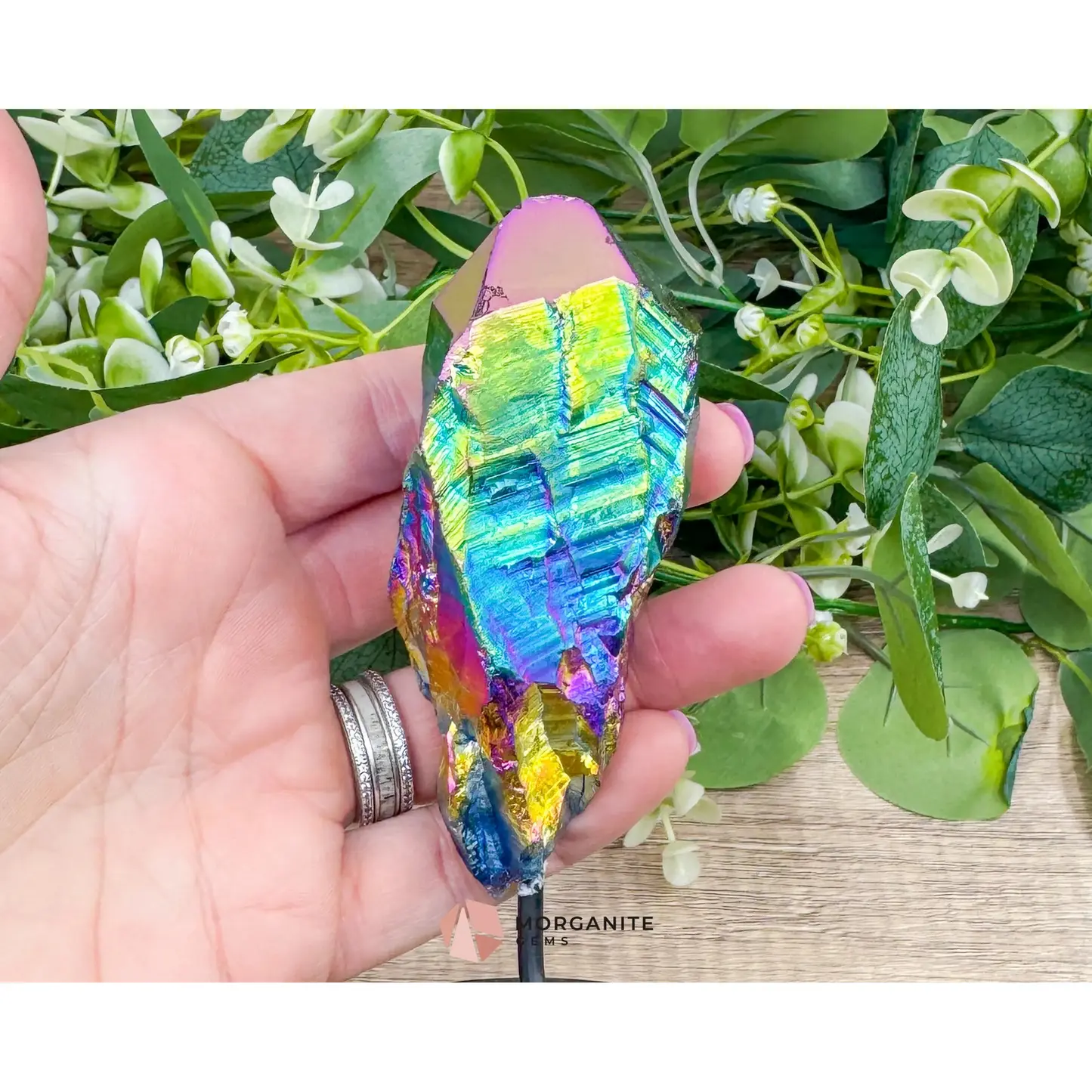 Rainbow Aura Black Obsidian No. 3 – Crystal Point on Metal Stand for Protection, Grounding & Chakra Energy Work