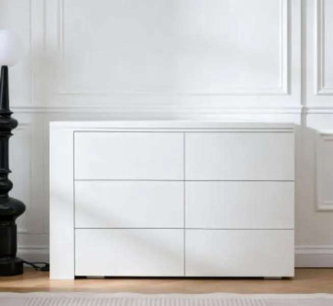 Modern 6-Drawer Particleboard Extendable L-Shaped Bedroom Dresser Combo - Durable Wood Construction, Wide Desktop, Deep Storage Cabinet, Manual Trio of 3-Tiered Open Storage Compartments for Bedroom, Dressing Room