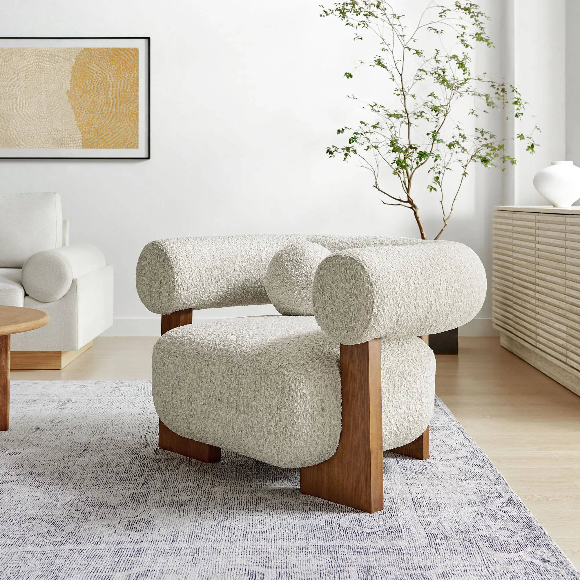 Jace Oversized Retro Aesthetic Boucle Fabric Barrel Accent Chair, Pearl Finish, Ideal for Cozy Corner Indoor Seating