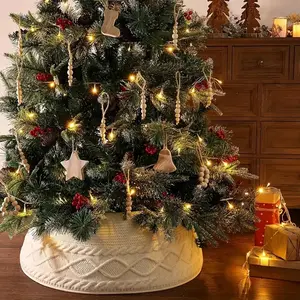 Knitted Christmas Tree Collar, Cream Color Cross Diamond Edge Design, Coarse Twisted Flower Detailing, Perfect for Festive Decorations, Ornaments
