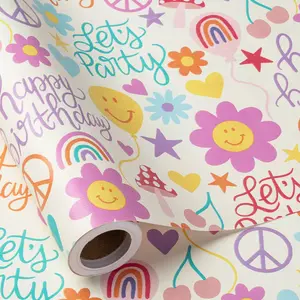 Multicolor Birthday Party Gift Wrapping Paper, Rainbow and Smile Print, DIY Craft Decoration, 43.2cm X 1000cm, Celebration Supplies