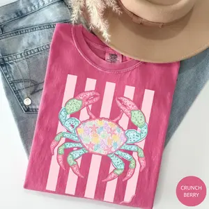 Comfort Colors Coastal Crab Shirt, Preppy Seashell Beach Tee, Coquette Pastel Striped T-Shirt, Ocean Lover Summer Aesthetic Outfit, Trendy Cute Top