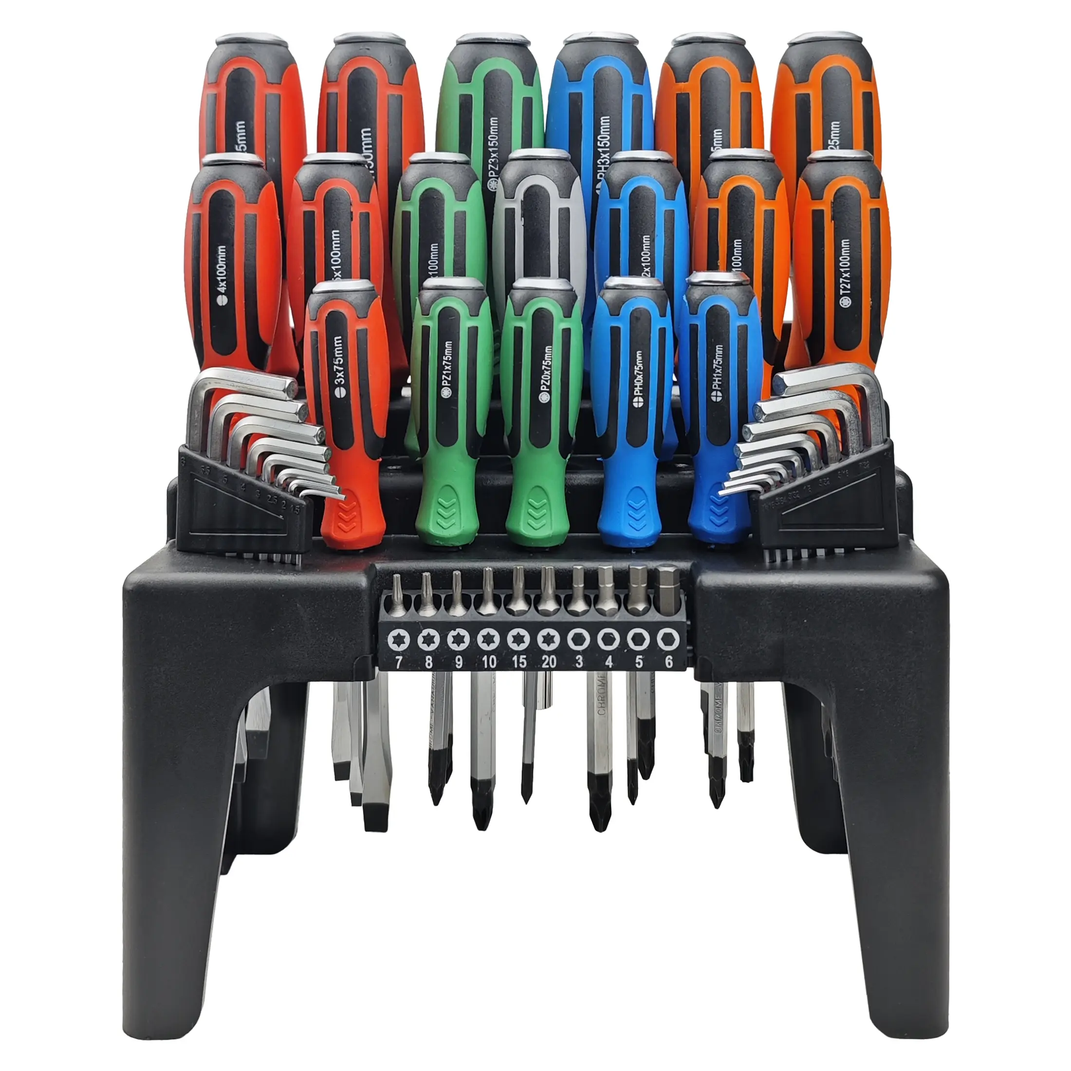 44-Piece Ergonomic Switchable Screwdriver Set for Adults, Color-Coded Hex Go-Thru Steel Blades, High Torque, 10pc Assorted Bits, 17pc Magnetic Screwdriver, 16pc Hex Keys, Magnetic Hold, Durable Plastic Racking Shelf, Work Tools for General Repair