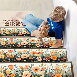 15pcs Floral Carpet Stair Treads, Silica Gel Non-Slip Safety Mat for Wooden Steps, Easy Install & Clean, Home Decor, Bath Mat, Machine Washable