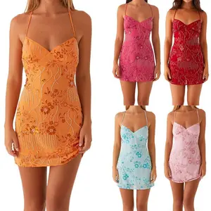 Women Mini Dress Sequins Flower Embroidery Sleeveless Cami Dress Summer Cross Backless Spaghetti Strap Dress Womenswear Check