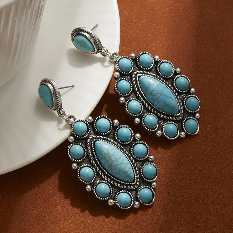 Hollow turquoise heart earrings, high-end vintage ethnic style drop earrings, bohemian earrings for women